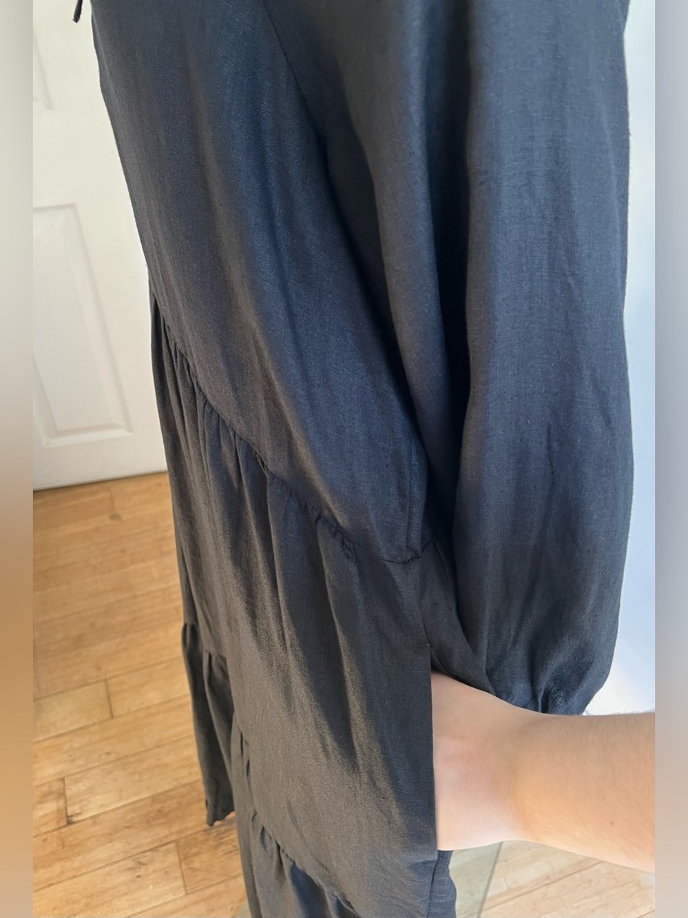 J. Crew 100% Linen Tiered Black Maxi Dress Size L/XL NWT Pockets Coastal Peasant - Picture 7 of 13